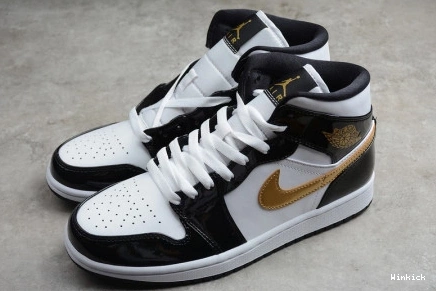 Black Air Jordan Patent Gold 1 Mid 852542-007 White 0831